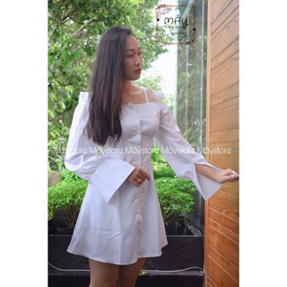 Đầm sơ mi trắng hở vai