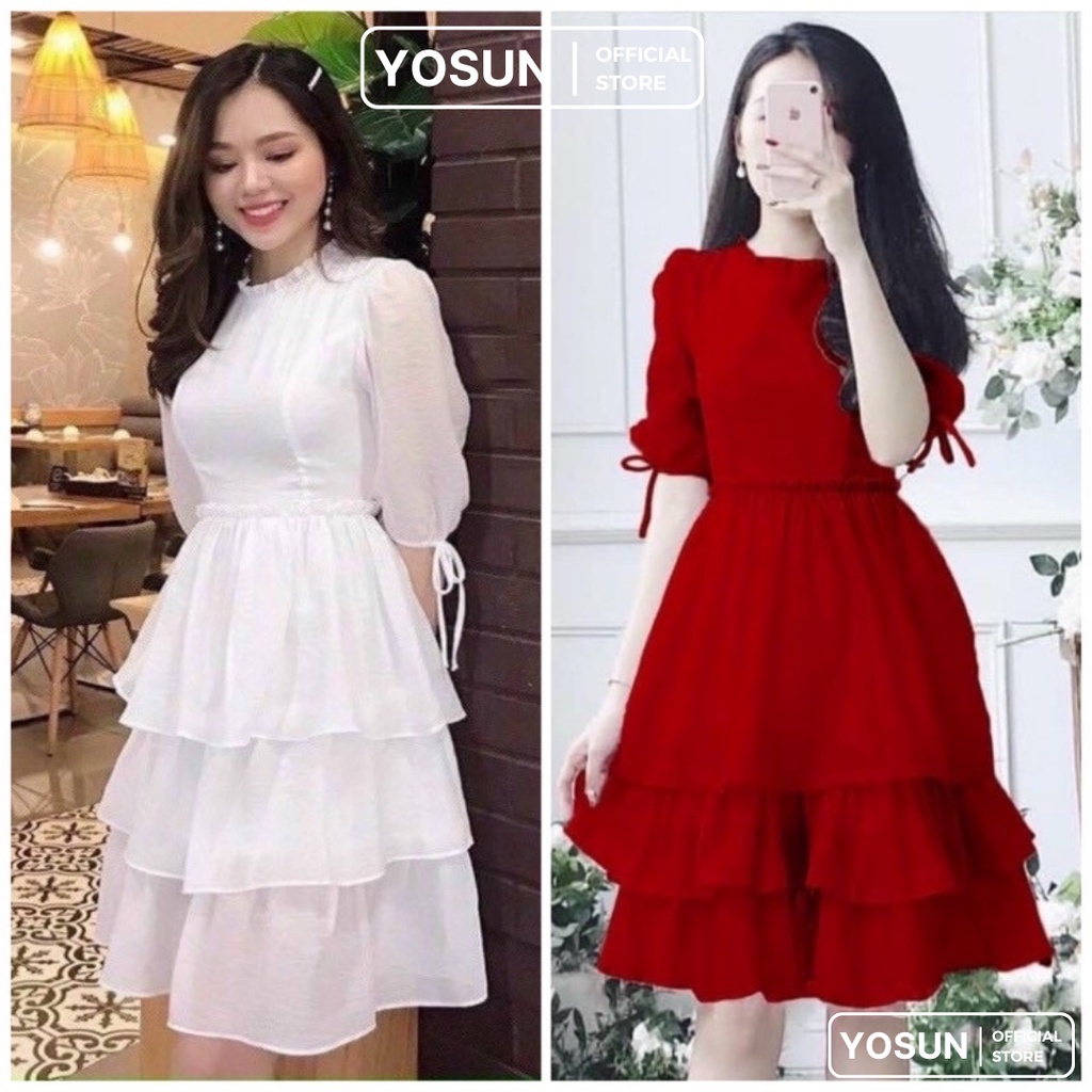 Đầm Nữ Dự Tiệc Cưới Cổ Tròn Viền Bèo Tay Lửng Sang Chảnh, Váy Thiết Kế Form Xòe Nhiều Tầng 2 Màu Đỏ Trắng