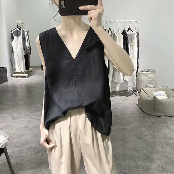 V-cổ cotton linen vest nữ văn học lỏng lẻo trông mỏng hơn vest phiên bản hàn quốc su màu áo ghi lê đơn giản t-shirt nữ hàng đầu