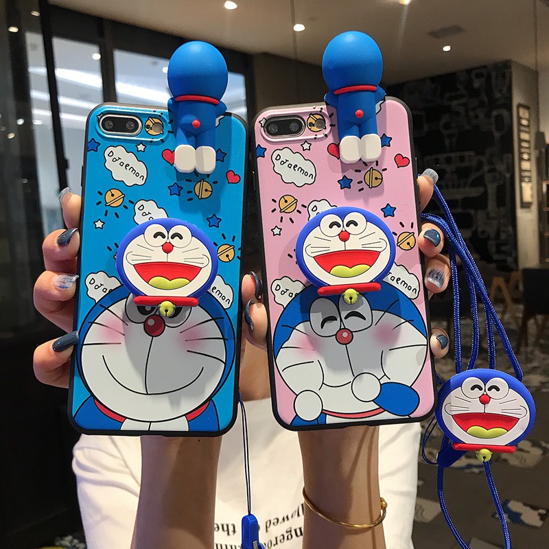 Ốp điện thoại hoạ tiết Doraemon có dây đeo cho Samsung A7 A6 A9 J4 J6 PLUS J8 2018 A5 A7 2017
