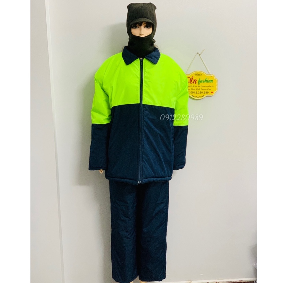 Quần áo bảo hộ trong kho đông lạnh -30 độ có lót lông ấm áp màu xanh đen phối xanh neon _ Hình chụp thật