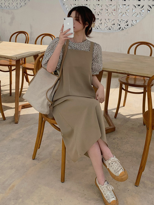 Set váy hai dây dáng suông rộng dài qua gối kèm áo kiểu bánh bèo nữ hoa nhí tay ngắn | BigBuy360 - bigbuy360.vn