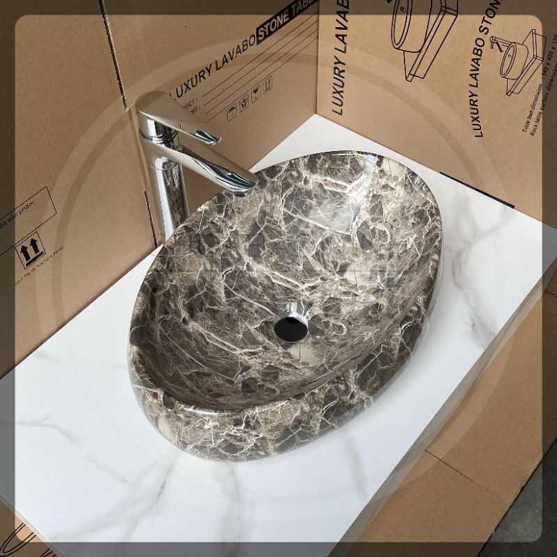 Chậu rửa mặt - Lavabo elip đặt bàn hoa văn vân đá nâu đen cao cấp, kích thước  50x31cm.