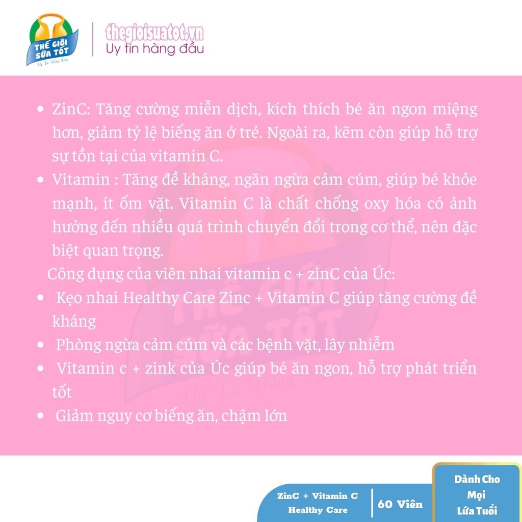 Viên Nhai Bổ Sung Kẽm ZinC + Vitamin C Healthy Care- Hộp 60 Viên Cho Bé thegioisuatot