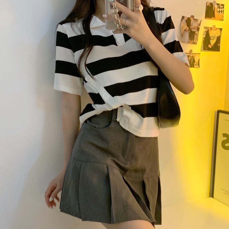 Áo polo Tay Ngắn Họa Tiết Kẻ Sọc Thời Trang Hàn Quốc Cho Nữ