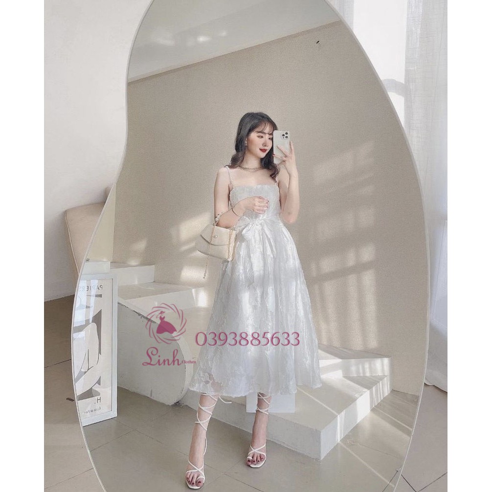 Đầm tiểu thư trắng gấm nơ hai dây vai đính hạt