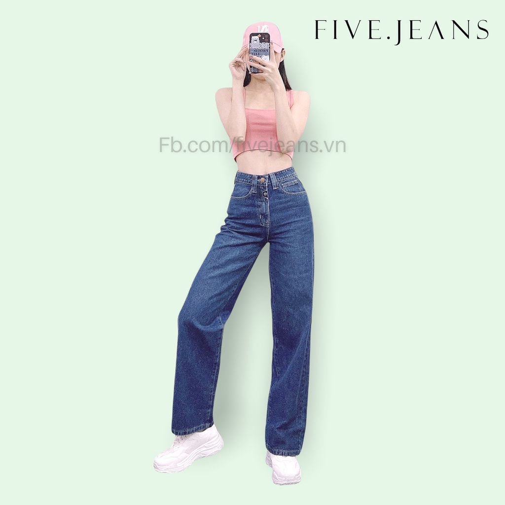 Quần Jeans nữ phom ống xuông rộng lưng cao 2 nút dọc màu xanh đậm thời trang phong cách Five Jeans