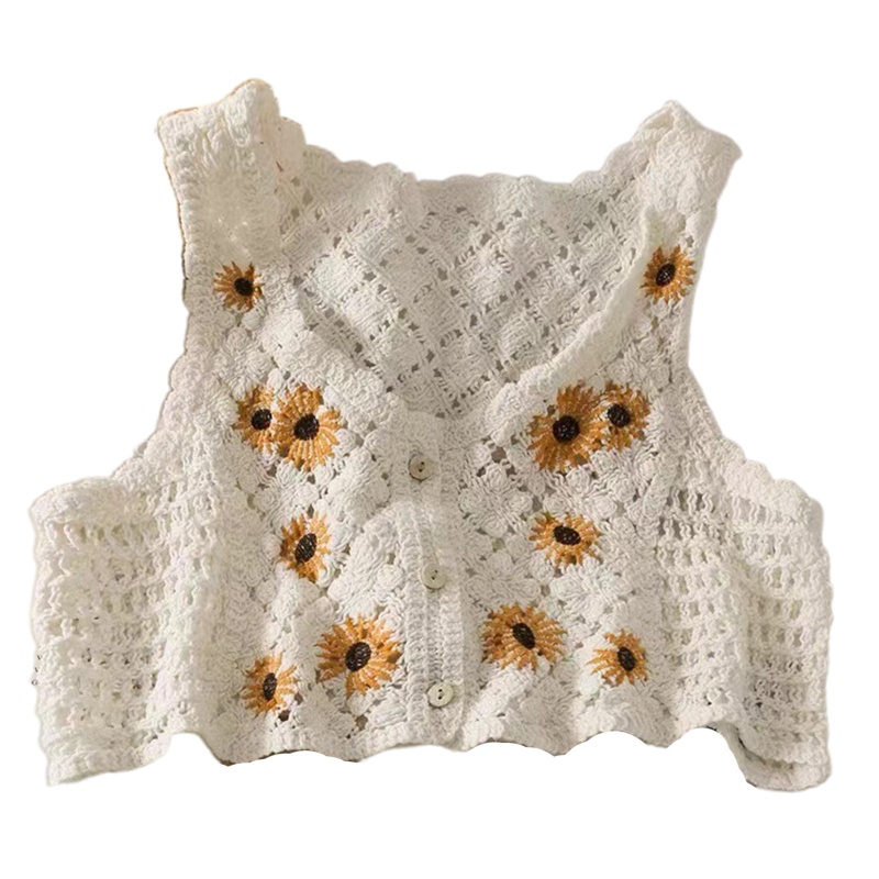 Áo Khoác Lửng Đan Len Không Tay Thêu Hoa Cúc Phong Cách Pháp Cổ Điển Dành Cho Nữ
