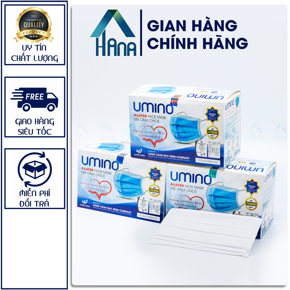 Khẩu trang y tế, Khẩu trang Umino màu trắng 4 lớp, hàng chính hãng,hộp 50c