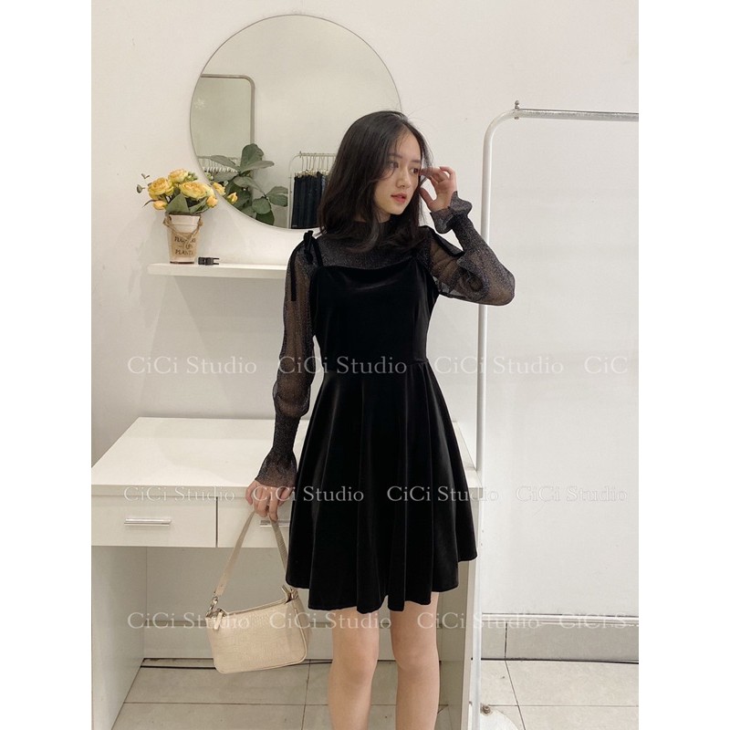 Set váy nhung kèm áo ren A77