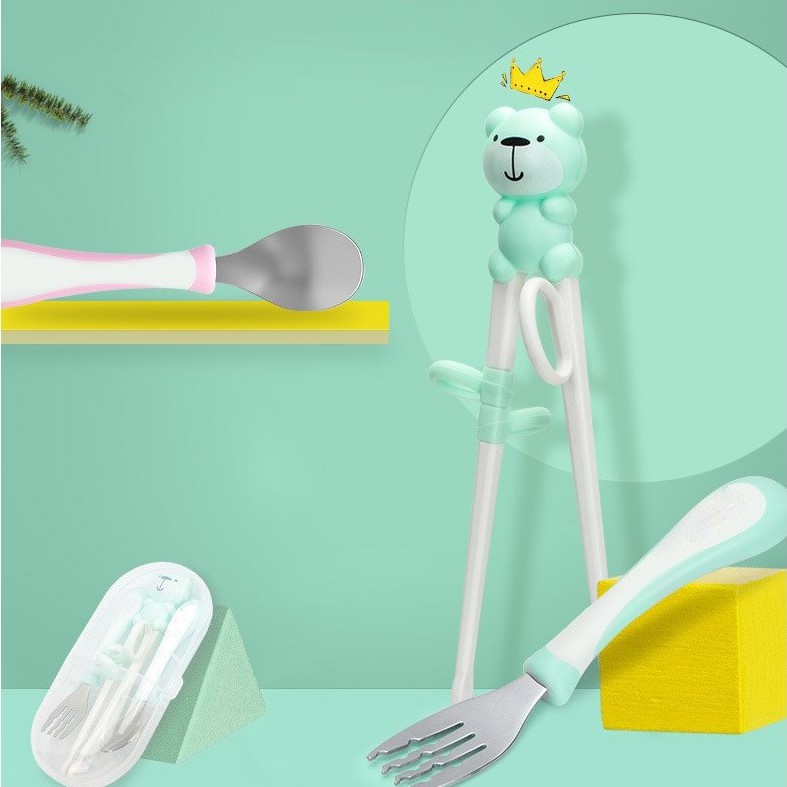 Set bộ dụng cụ tập ăn thìa, nĩa/dĩa và đũa cho bé từ 1 - 5 tuổi