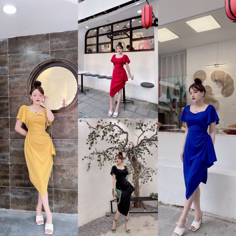 Đầm body xếp ly tà xéo
