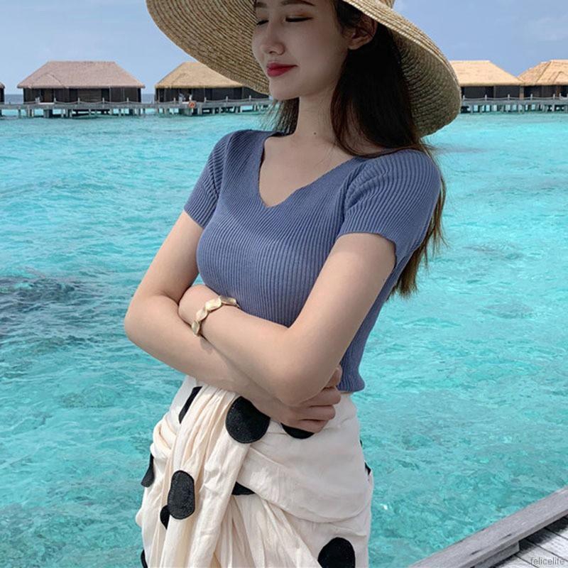 Áo thun len tay ngắn cổ chữ V màu trơn