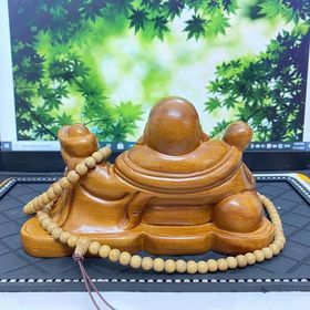 Set phật di lặc gỗ cùng mộc liên hoa, tượng di lặc để taplo xe hơi, ông thần tài, đài sen trắng