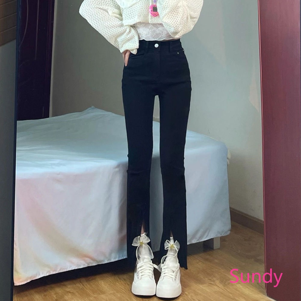 Quần Dài Lưng Cao Ống Rộng Xẻ Tà Màu Trơn Thời Trang Xuân Thu Cho Bé Gái