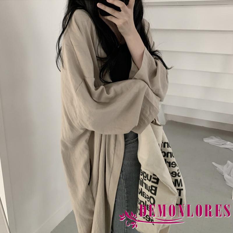 Áo Khoác Cardigan Tay Dài Màu Trơn Dáng Rộng Xẻ Tà Thời Trang Mùa Hè Cho Nữ