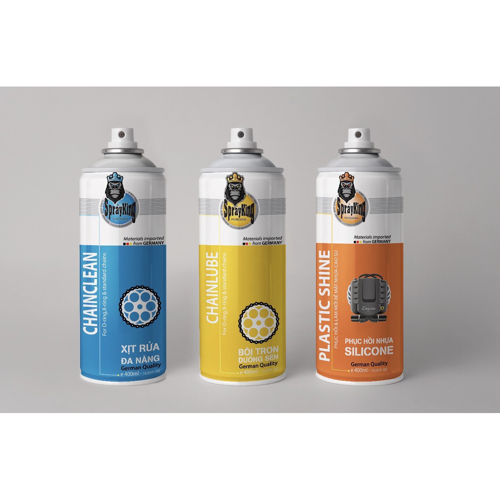 Bộ 3 chai xịt dưỡng sên, rua sên và dưỡng nhựa nhám SPRAYKING 400ml cao cấp cho xe máy