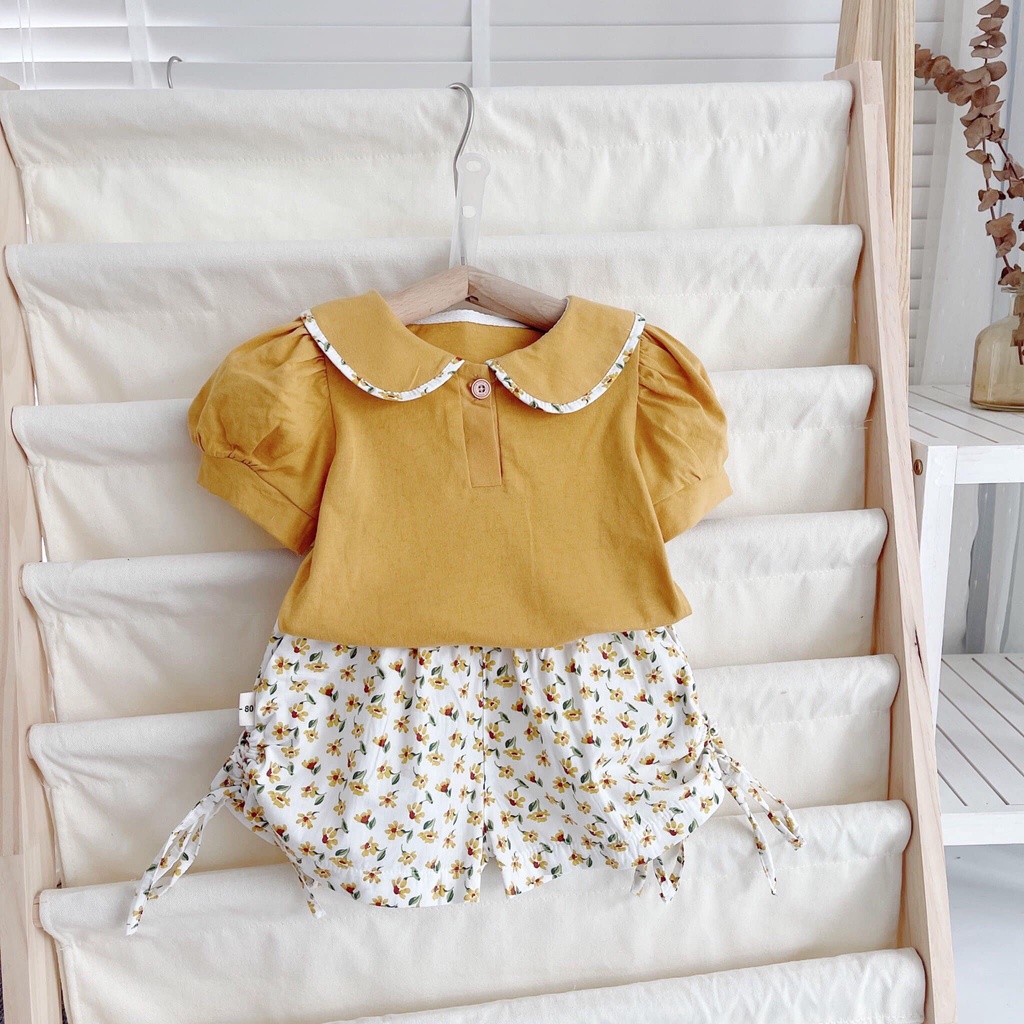Bộ cotton cộc tay Mozi cố sen phối hoa cho bé gái
