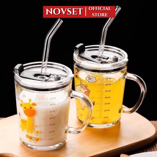 Cốc Pha Sữa Thủy Tinh Chia Vạch, Có Nắp Và Ống Hút Siêu Tiện Lợi Cho Bé
