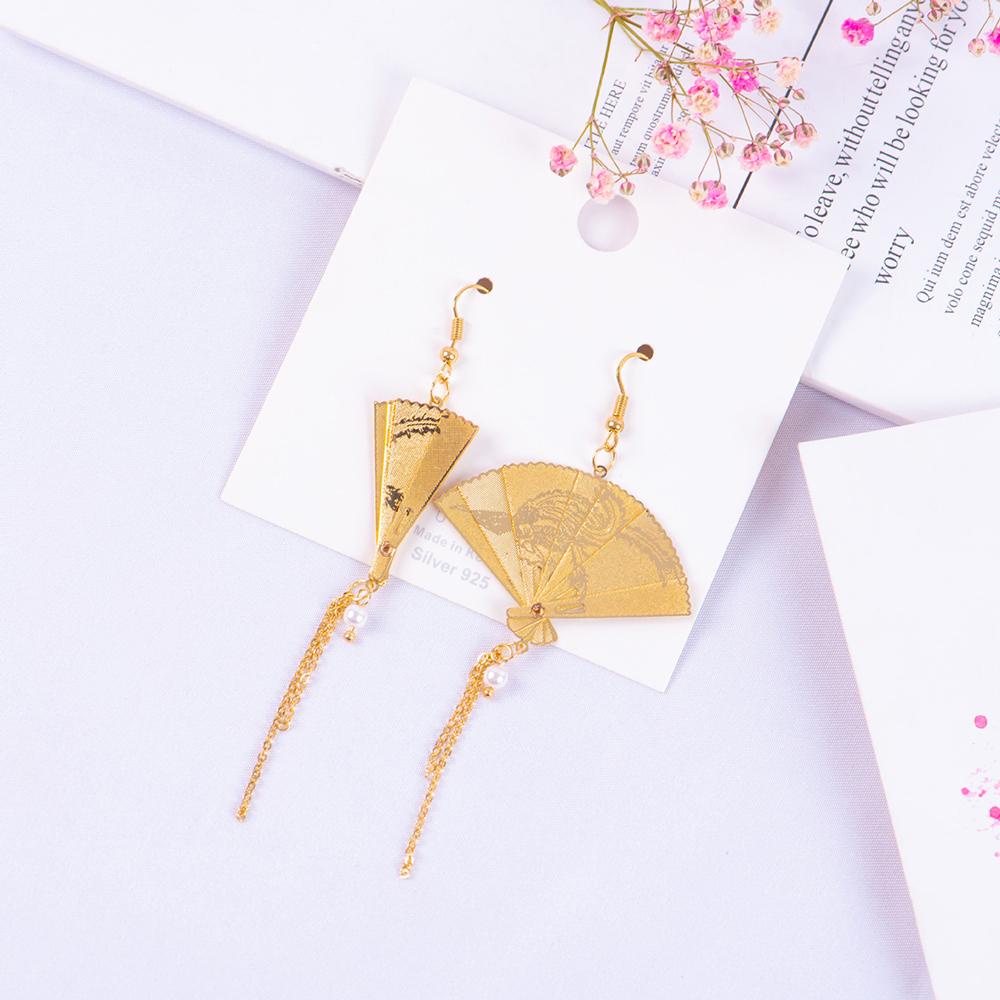 1 Cặp Bông Tai Dáng Dài Hình Quạt Xếp Phối Tua Rua Phong Cách Trung Hoa