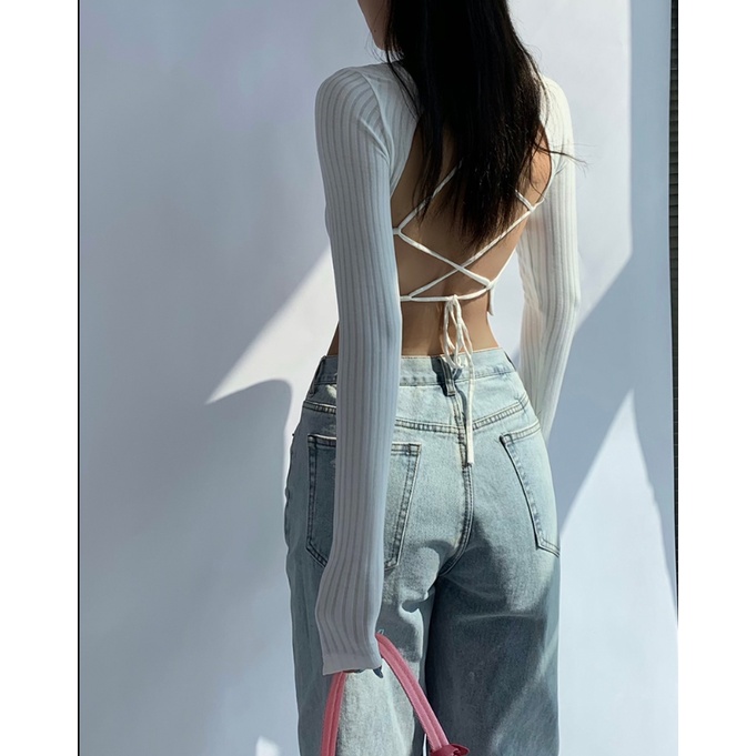 Châu Âu Mỹ Nguyên Chất Desire Phong Cách Lưng Phối Ren Áo Thun Dài Tay Rò Rỉ Lưng Gợi Cảm Cô Gái Cổ Chữ V Nữ Ngắn Tay Dài Top Slim-Fit Niche Design Top Single-Breas