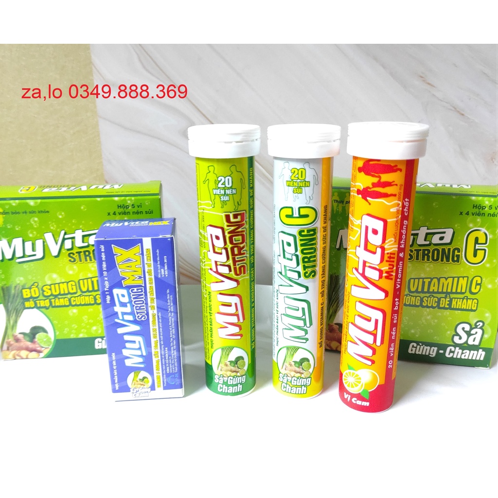 Myvita Strong C Sả - Gừng - Chanh &amp; Myvita Strong Max Cam - Viên Sủi Bổ Sung Vitamin C, Hỗ Trợ Tăng Cường Sức Đề Kháng