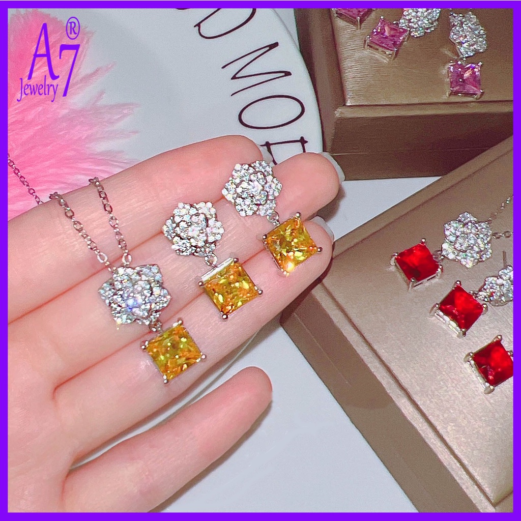 Bộ Vòng cổ Và Bông Tai Đính Đá Zircon A7 Hình Hoa Hồng