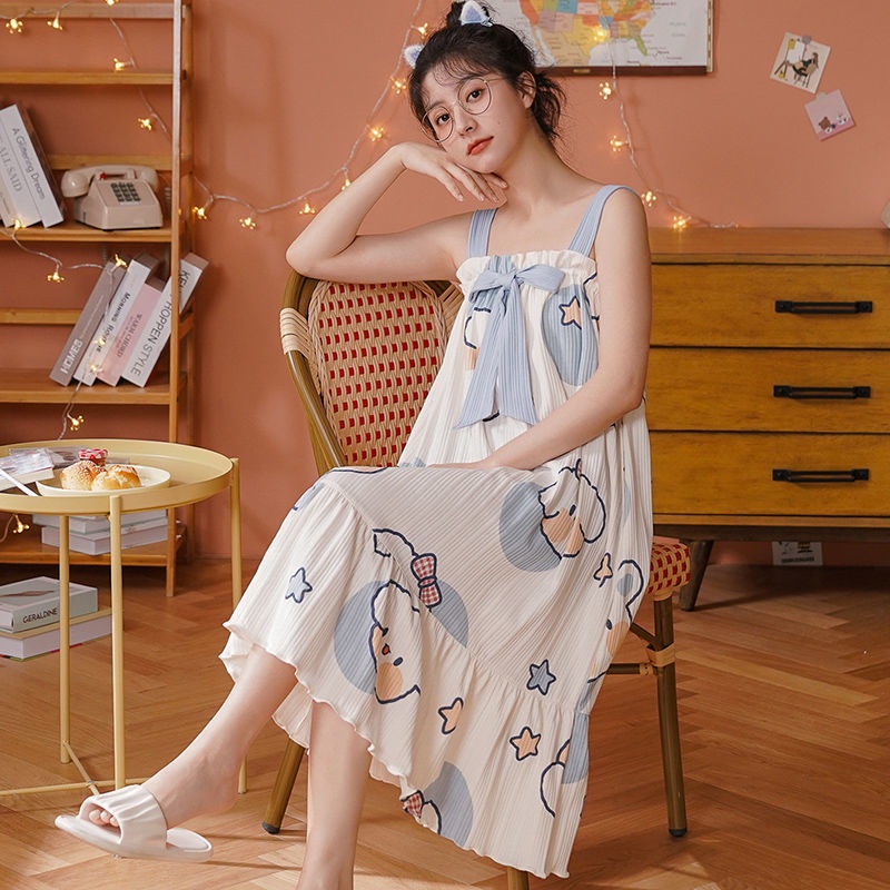 Đầm Ngủ Cotton Hai Dây Dáng Dài Phong Cách Công Chúa Dễ Thương Thời Trang Mùa Hè