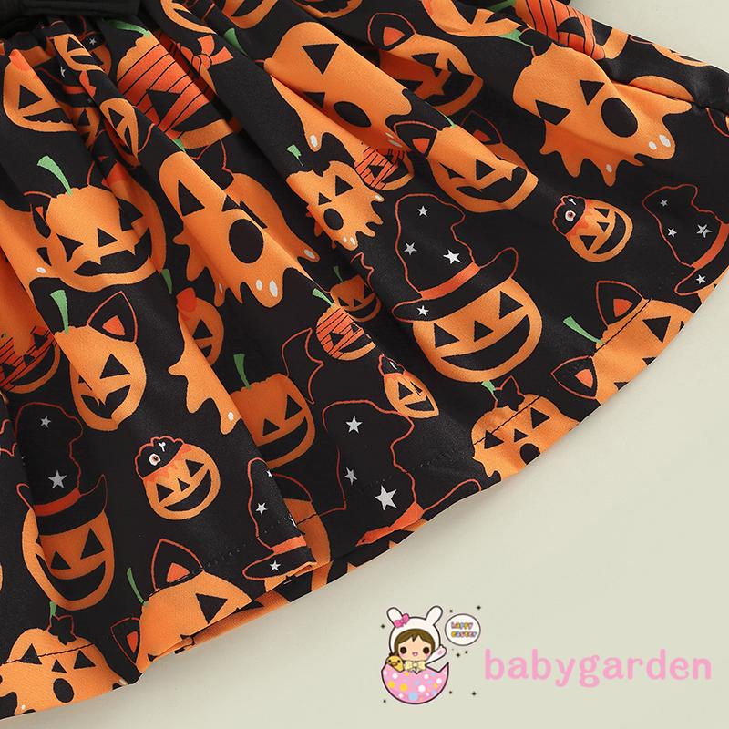 Đầm Tay Dài Phối Bèo In Họa Tiết Halloween Đơn Giản Cho Bé Gái 3-24 Tháng Tuổi