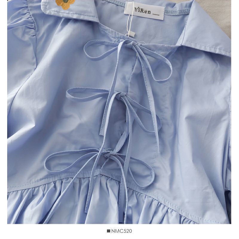 Áo Sơ Mi Ngắn Tay Dáng Rộng Cổ Búp Bê Thêu Họa Tiết Xinh Xắn Dành Cho Nữ