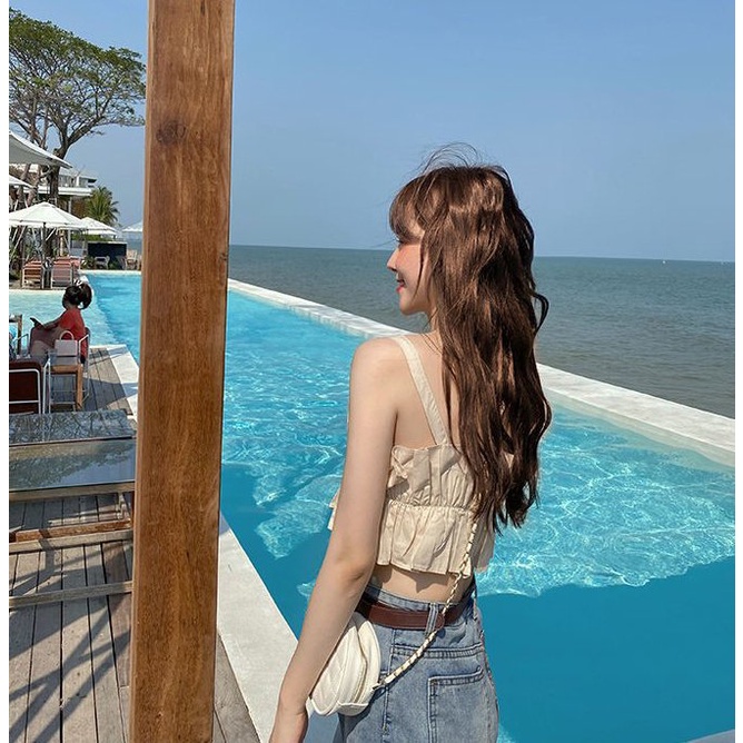 Áo croptop nữ 2 dây bản to xếp ly Wikishop đen be freesize phom ôm có chun co giãn hở eo sexy hàn quốc C956