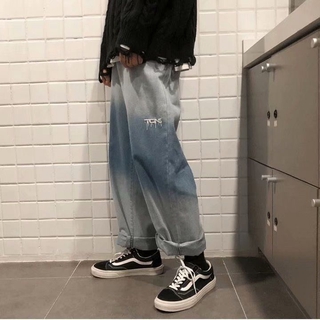 Spring and summer retro embroidered straight gradient color Korean men's jeans casual Korean wide-legged pants