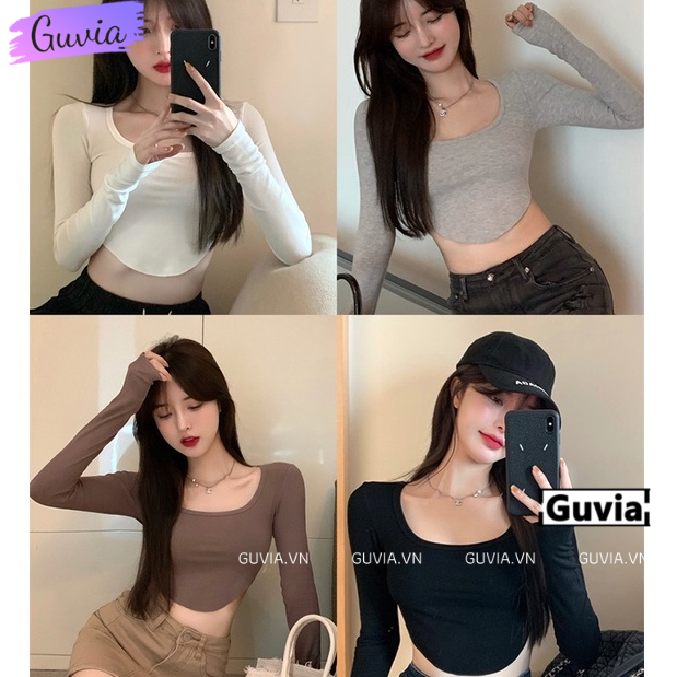 Áo Croptop Nữ Tay Dài Cổ U VẠT BẦU Ôm Body, Áo Thun Croptop Dài Tay Kiểu Sexy Chất Gân GUVIA CR13