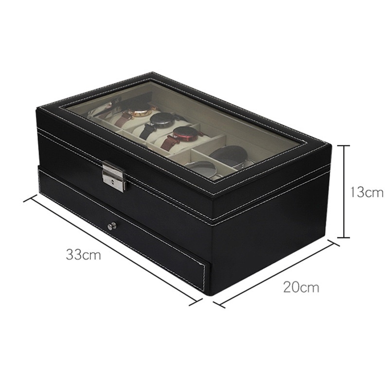 Hộp đựng Kính - Đồng Hồ - Trang sức bọc da Pu 2 tầng có khoá chống trộm - Hộp đựng bọc da cao cấp