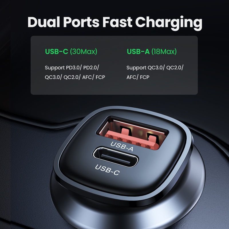 Tẩu sạc UGREEN USB-C USB-A sạc nhanh ô tô hai cổng 48W thích hợp cho Xiaomi 12/ Samsung S20 S21/ iPhone 12 13 14 Pro Max
