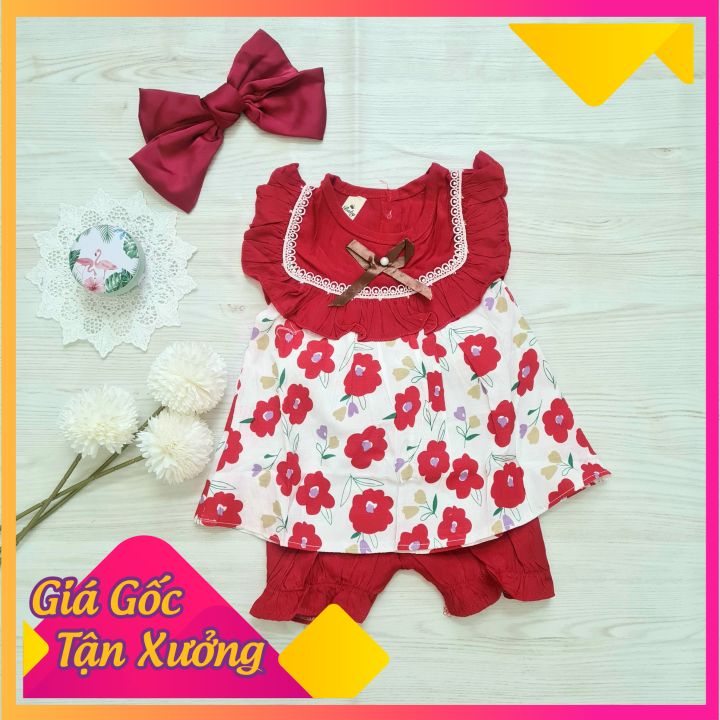 Quần áo bé gái, Set Bộ Hoa Đính Nơ Nhỏ Chất Đũi Cho Bé Gái