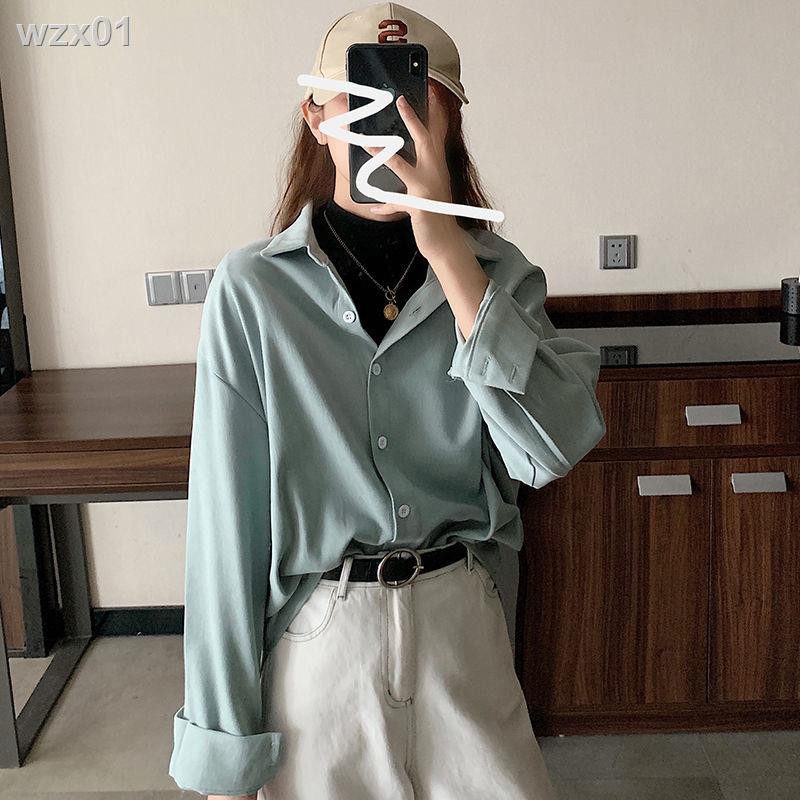 2020 mùa thu đông phiên bản mới của Hàn Quốc áo sơ mi trơn màu nữ thiết kế dài tay rộng rãi và đa năng trắng dày