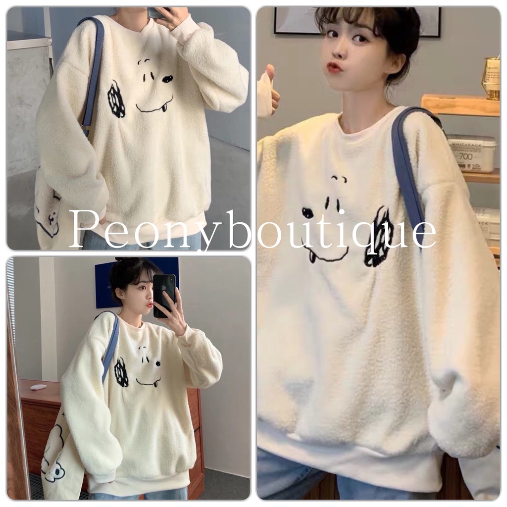 Áo Nỉ Bông Snoopy PEONYB Nữ [FREESHIP] 🌸 Sweater lông form rộng tay bồng màu trắng, hoodie đẹp cá tính Ulzzang 🌸 | BigBuy360 - bigbuy360.vn