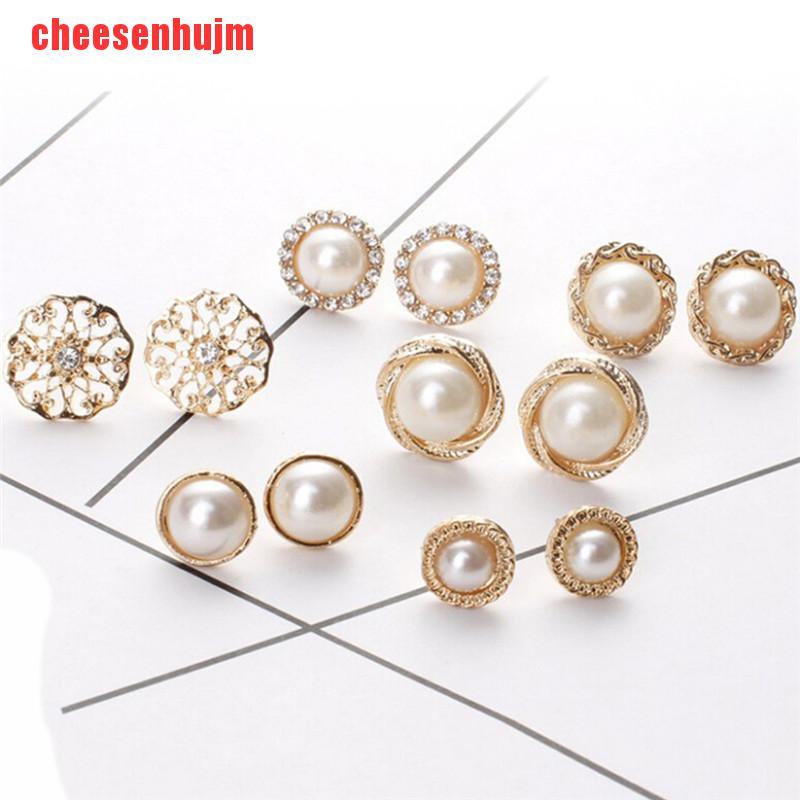 [cheesenhujm]6 Pairs Elegant Crystal Rhinestone Diamond Pearl Sign Ears Tiny Studs Earrings