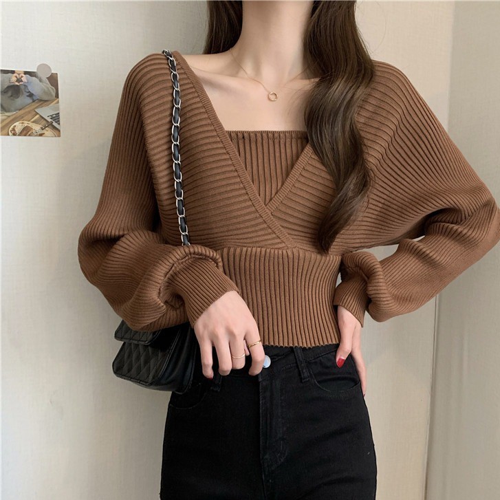 Áo sweater tay dài hở vai ôm eo phong cách thời trang Pháp