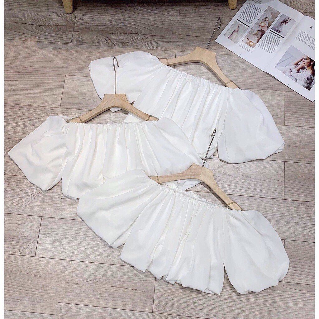 Áo trễ vai tay phồng croptop hai lớp