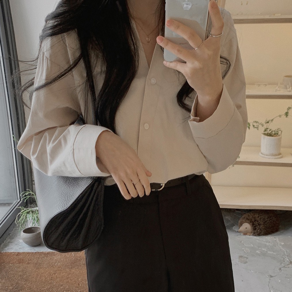 Áo sơ mi nữ tay dài màu trơn phong cách đơn giản hiện đại 41980