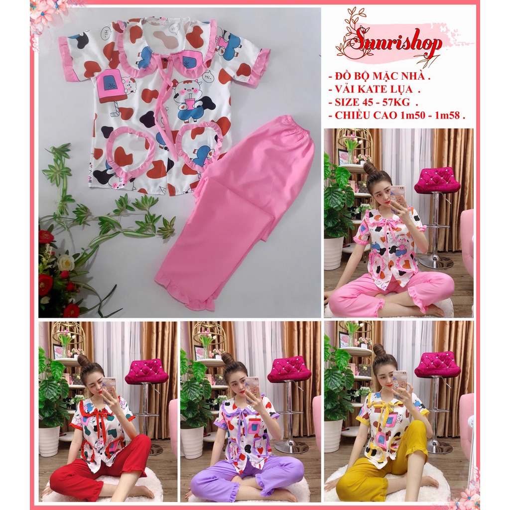 Đồ Bộ Mặc Nhà Nữ Hot Trend Sunri Shop- Pijama Kate Lụa Tiểu Thư Dễ Thương Tay Ngắn Quần Dài Mềm Mịn Thoáng Mát