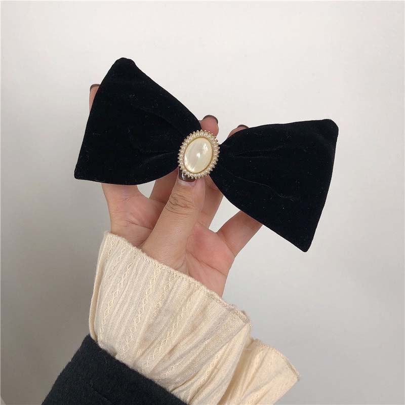 Kẹp Tóc Nơ Nhung Đen Đính Ngọc Trai Phong Cách Retro Cho Nữ