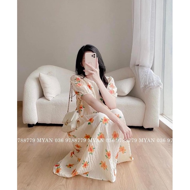 Váy babydoll hoa cam - Đầm bông thiết kế chất xốp
