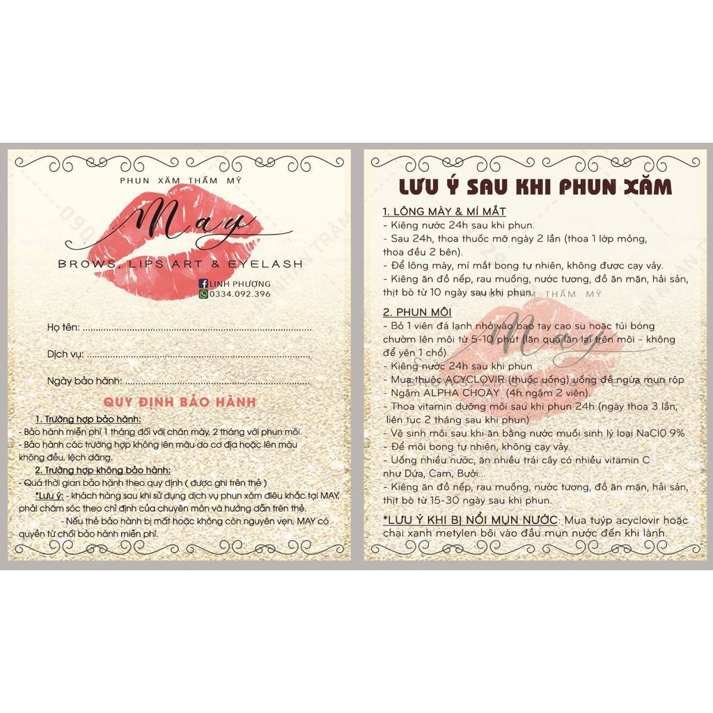 IN 1000 card đôi / voucher / phiếu liệu trình / lưu ý phun xăm