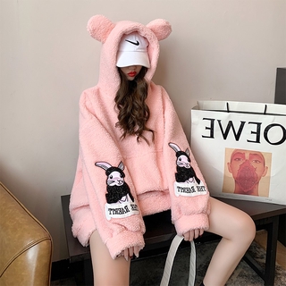 Áo hoodie tay dài nữ len bông ấm áp thu đông có túi rộng nón tai gấu dễ thương ulzzang ( 2 màu )