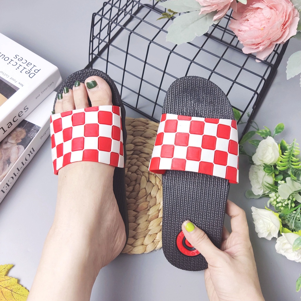 combo Dép nữ đế bánh mì, dép quai ngang kẻ caro chất liệu cao su non siêu êm thơm (ảnh thật)