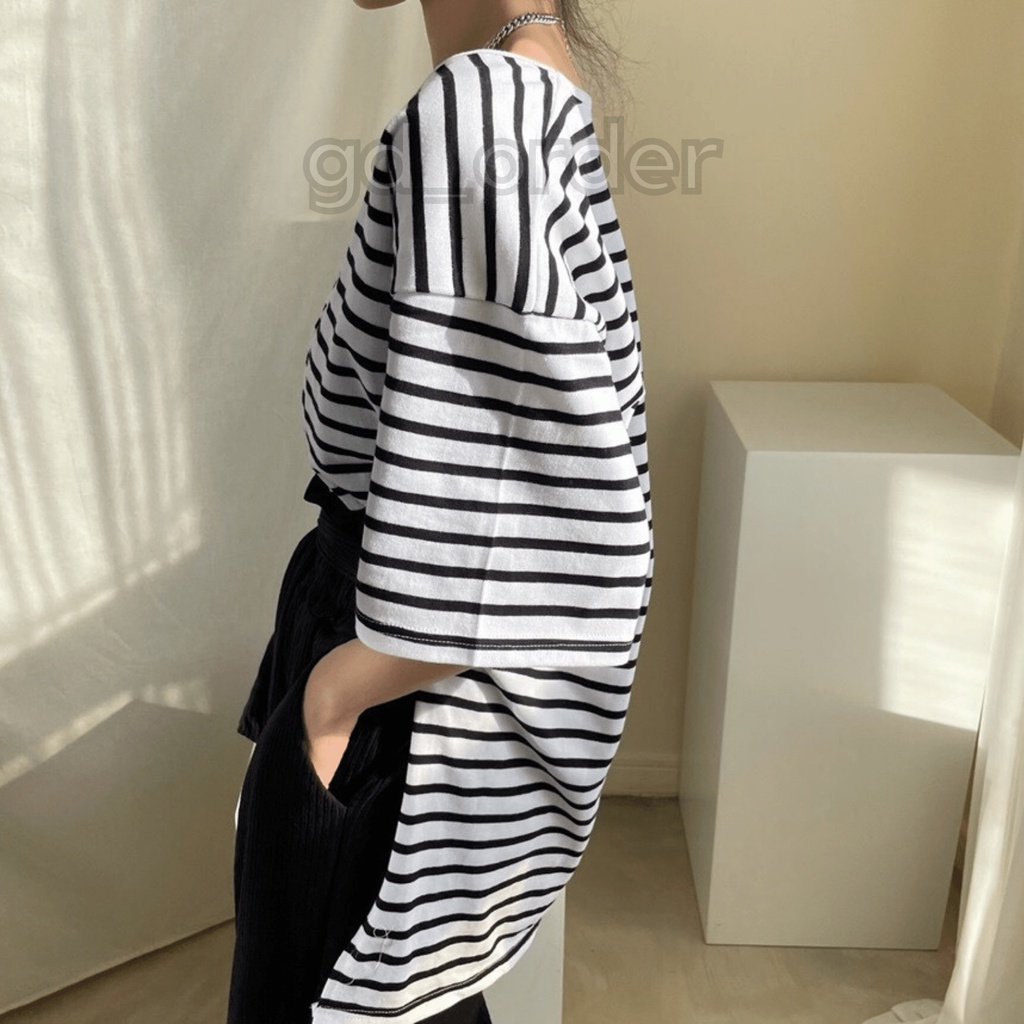 A26|Áo thun nữ kiểu tay lỡ form rộng hàn quốc chất cotton sọc ngang đơn giản màu trắng gd_order