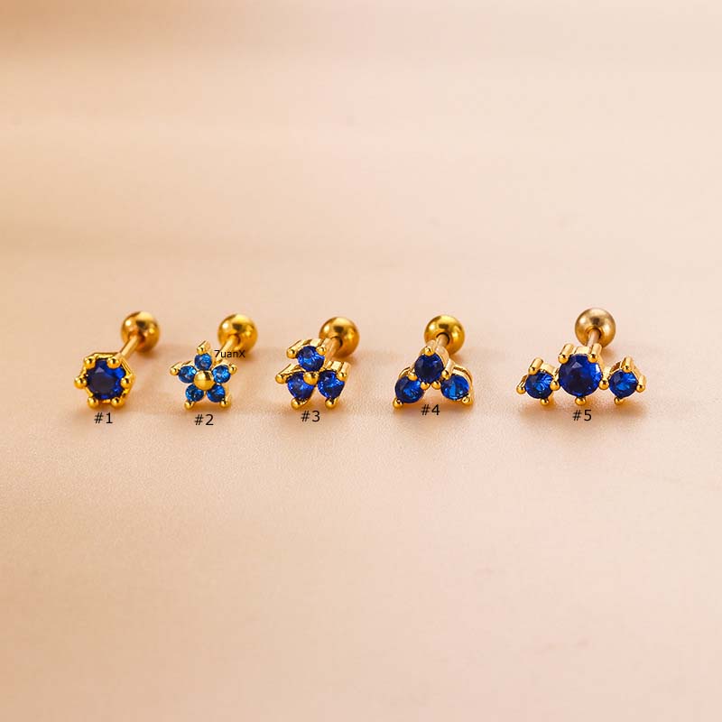 1 Khuyên Tai Dạng Xoắn Ốc Đôi Bằng Thép Không Gỉ Đính Đá Zircon Xanh Hoàng Gia 20 Gauge